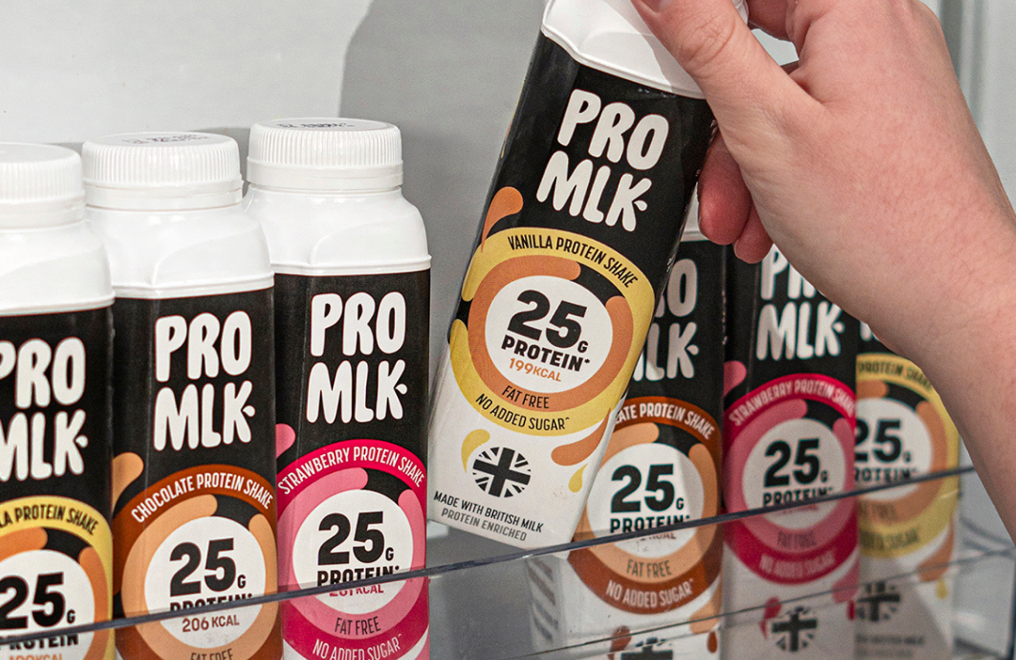 Range of Pro Mlk flavours in fridge
